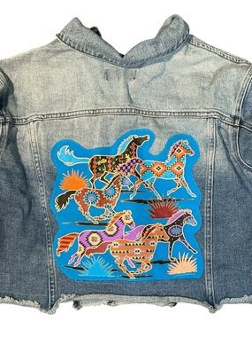 Southwest Aztec Western Horse Upcycled Denim Ombré Jacket